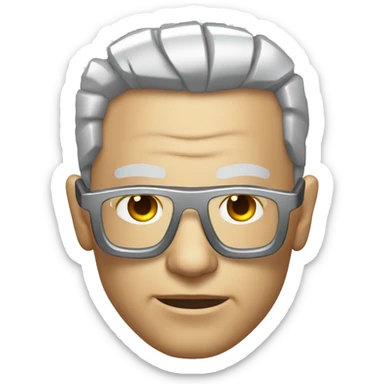 Older Male cyborg head with metallic plated face, brown flat top haircut, glasses and circuitry sticker