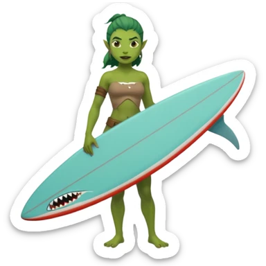 orc female holds a little surfboard with a shark painted vertically in his hands sticker