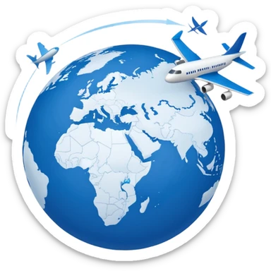 Generate a Google-style emoji representation that is not hyper-realistic but maintains a clear and recognizable depiction of a globe showing Europe and Africa.Include a plane flying around the globe, leaving a visible air trail. ensure the design can be easily understood at a small scale sticker
