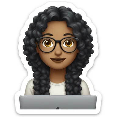 Cute white skin girl with long curly dark hair, glasses, and apple laptop sticker