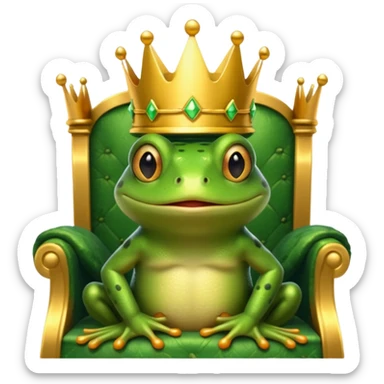 A frog wearing a crown, confidently sitting on a golden throne, portrait, bust up sticker