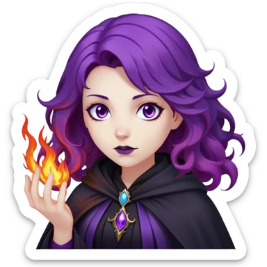 A dark sorceress with wavy purple hair, wearing a black cloak, summoning violet flames sticker