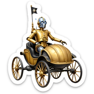 Action in Old American West tarnished C-3PO bounty policeman in 1864 delicately ornate rosegold accents painted buggy powered by electric motors and batteries with safety features and belts flying rapidly across rough dusty terrain stable on strong agile suspension and steering  sticker