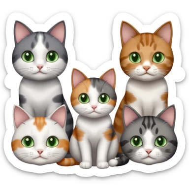 4 different coloured small cats including a dark grey and white, and a patchy calico, and a brown tabby and white,  and a completely solid dark grey with green eyes and only white paws sticker