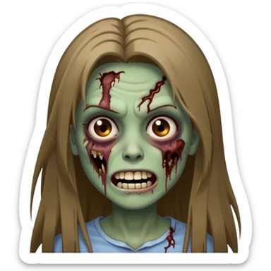 a zombie woman with straight brown long hair, a bruised mouth, and a smile  sticker