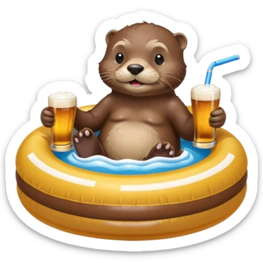 an otter sitting in an inflatable pool filled up with beer who is sipping directly from the pool made of beer with a little straw sticker