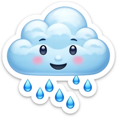 Cute emoji-style clouds with blue raindrops falling. Glossy 3D look, transparent background, vibrant colors. sticker