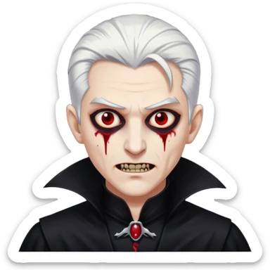 Creat a young man Vampire with white skin and white hair "make him have slide back hair" and full black vampire clothes and bloody eyes and long fangs and scary dead eyes sticker