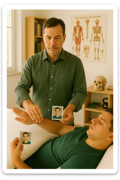 a middle-aged man, dressed in casual professional attire, is in a bright, organized therapy studio. Durante una visita di kinesiologia, il ragazzo tiene con una mano la foto di una persona lontana (il “testimone”) tiene la foto in mano, mentre con l’altra mano esegue un test muscolare su un cliente presente senza foto lui non tiene la foto. Sullo sfondo si vedono libri di kinesiologia, poster anatomici e strumenti tipici della disciplina. L’atmosfera è concentrata e serena, con luce naturale che entra dalla finestra, sottolineando l’aspetto alternativo e umano della pratica. sticker