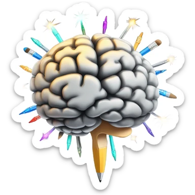 A glowing brain with small artistic tools (paintbrush, pen) orbiting around it like electrons, with sparkles or pixels emanating outward in a creative burst pattern.  sticker