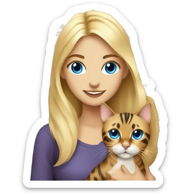 Blonde girl with blue eyes holding a bengal cat sticker
