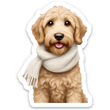 Puppy tan labradoodle wearing white knit scarf sticker
