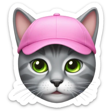 a gray cat with green eyes wearing a pink cap sticker