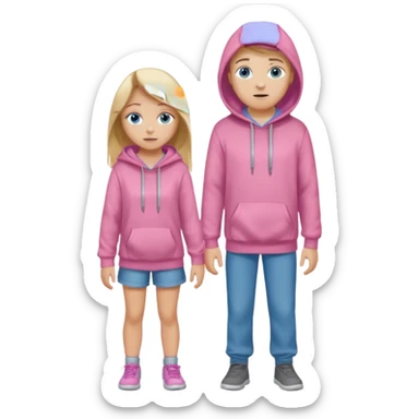 full-length couple, girl with long blonde hair and blue eyes in pink hoodie, boy with brown hair in gray hoodie sticker