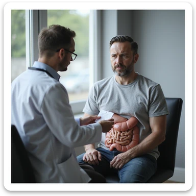 realistic 28-year-old man consulting a doctor for gastrointestinal symptoms, receiving prescription for tests, clinical environment sticker