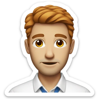 Portrait of an adult guy with brown-red hair, serious, light skin, brown stubble, blue eyes, wearing a white office shirt. sticker