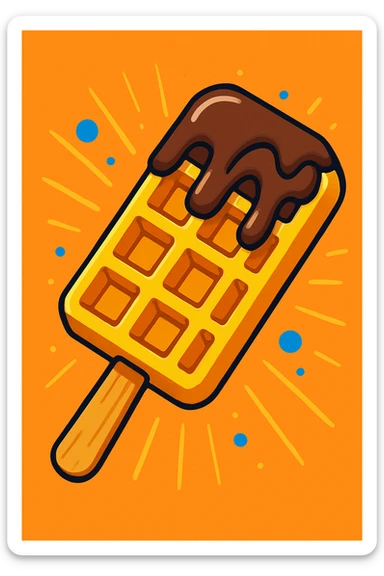 waffle on a stick with chocolate drizzle, cartoon style, bright colors sticker