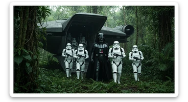 cinematic still, Medium shot, amazon jungle, Darth Vader around stormtroopers coming out from starship on ground, they are exploring the jungle, inspired by StarWars movie, captured by arri alexa sticker