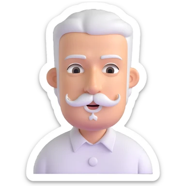 man with oval-shaped flat-top head, bushy white mustache, wearing a white shirt with three white buttons sticker