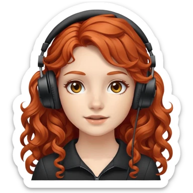 redhead girl with long loose wavy curly hair with black gaming headset  sticker
