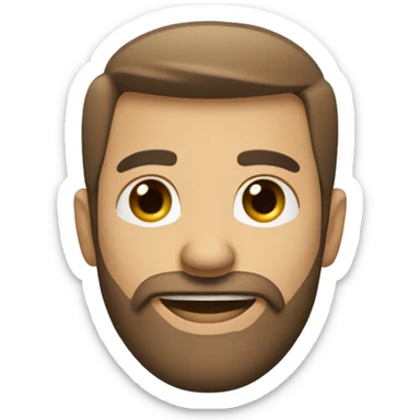 Face Shape: Oval with a slightly prominent forehead.
Skin Tone: Light.
Eyes: blue, wide and expressive.
Eyebrows: Light brown.
Mouth: Smiling with visible teeth.
Hair: Light brown
Full beard and mustache, light brown with some grey sticker