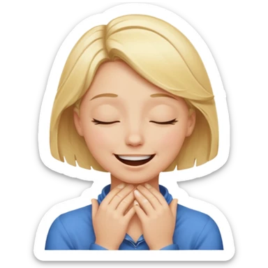 Happy blonde girl with eyes closed and mouth smiling and hands cupped around her neck - her eyes are squinty with excitment sticker
