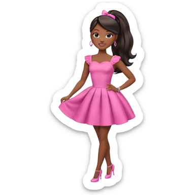 black barbie. typical barbie ponytail, pink dress, super pretty, full body, the only pink is her dress sticker