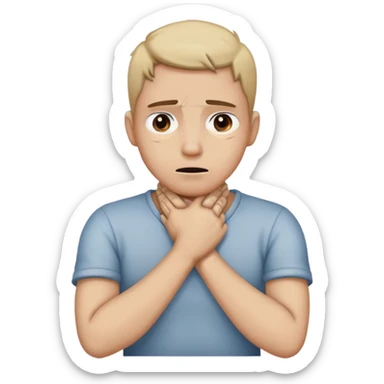 person crossing their hands and holding there neck with a distressed face sticker