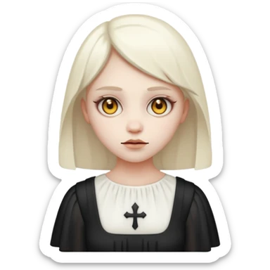 Stylized cult cartoon girl emoji, eerie-cute aesthetic, symmetrical design, subtle spooky vibe, glowing eyes, saying “AMILK”, bold graphic icon sticker