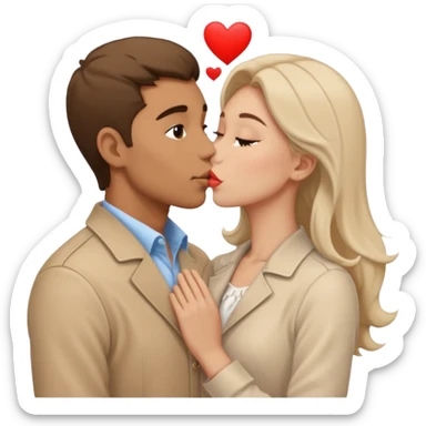 A man in pale beige clothes and a woman in pale beige clothes are kissing with white hearts sticker