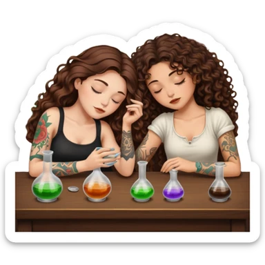 potion lab nap — long wavy brown hair tattooed woman and short tight curly brown hair woman — asleep at alchemy table sticker