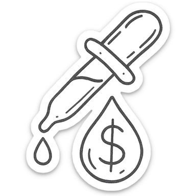 hand-drawn outlined pipette with a golden drop, dollar sign inside the drop sticker