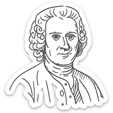 detailed black and white portrait of Jean-Jacques Rousseau, minimal handstrokes, clean hand-drawn outline style, no fill sticker