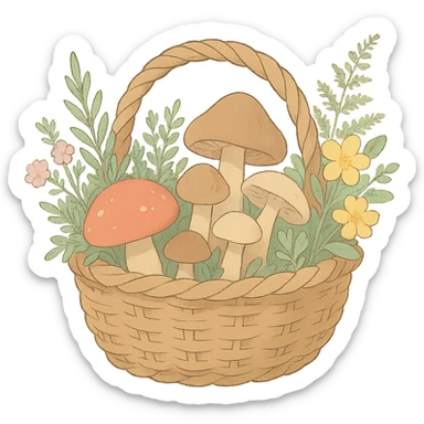 basket full of forest goodies including mushrooms, herbs, flowers in soft pastel colors, soft Ghibli style sticker