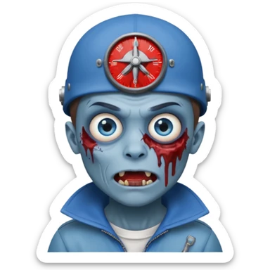 Zombie boy, with a blue face, blue eyes, brown hair and eyebrows, a sticking out fang, a bloody scratch on his face and a helicopter cap sticker