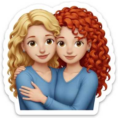 A woman with straight blonde hair and a nose piercing and a woman with curly red hair and a nose piercing are hugging and smiling together. sticker