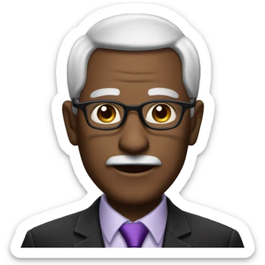old man with barely any hair wearing a black suit with a purple tie and glasses sticker