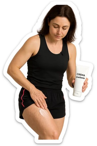Donna con cellulite sulle cosce che usa una crema chiamata "Crema snellente" senza mano in alto sticker