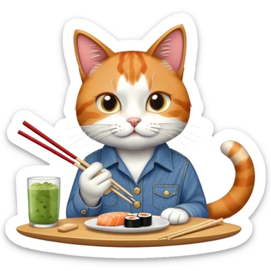 cool cat in a western shitrt eating sushi sticker