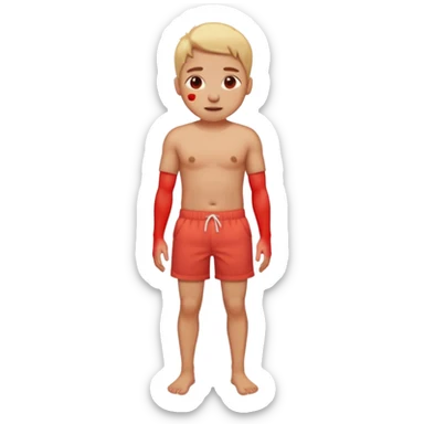 Emoji-style person in beach shorts, skin visibly sunburned and red on arms, legs, and face Expression shows mild pain or discomfort, cute rounded emoji desig sticker