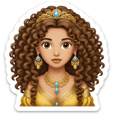 Beautiful Greek woman with very long puffy curly hair, wearing ornate gold jewelry and cute stylish clothes sticker