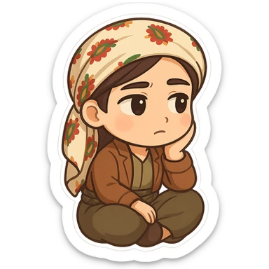 Kurdish sticker, cartoon style, Kurdish man or woman in jamadani, sitting with head on hand, looking away, lost in thought, no text sticker