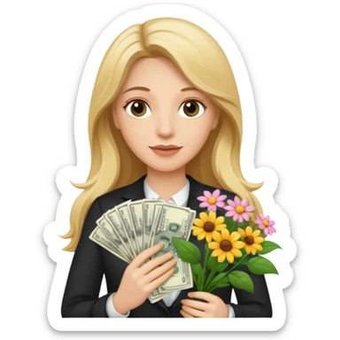 White woman with long hair blonde and brown eyes with money and flowers sticker