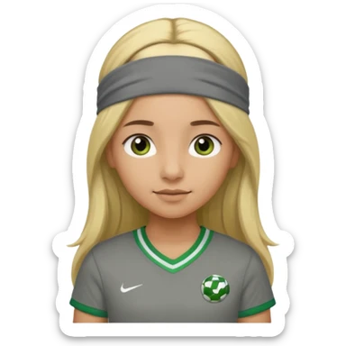 A light brown girl with a grey headband and long blond hair with a green football shirt sticker