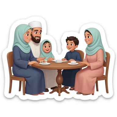 islamic family sitting on table; mother wearing without hijab; father with beard and islamic clothes white cap on head; little girls  hijab and one little boy; kids wearing traditional clothes and talking happily to each other sticker