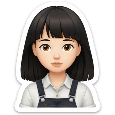 Make it a girl wil long hair like this and look like this  she has brown ish black hair and if has bangs with black overalls and a white shirt sticker