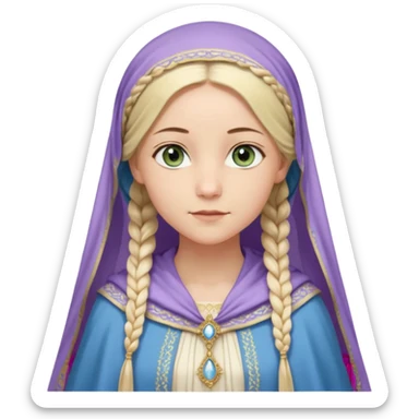 Joven de unos 30 años, de aspecto dulce y elegante.
Piel clara, ojos (pueden ser azules o verdes)
Rubio o castaño claro, largo, con trenzas o velo.
Vestido largo de tonos suaves (blanco, azul o lavanda), con bordados dorados; un manto o toca fina cubriendo la cabeza. Haz todo el cuerpo sticker