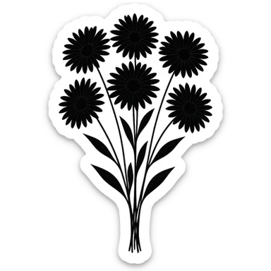 Create a bouquet of black daisies that is simple and dark with a gothic vibe, with no background. The bouquet should have a minimalistic yet gothic style emphasizing the black color and simplicity. sticker
