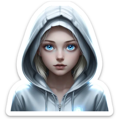 Cinematic girl with large sparkling blue eyes wearing a hoodie, Ultra realistic 32k HD, Breathtaking piece of art, rim lighting, hauntingly beautiful art, mostly greyscale, Balanced features, highly detailed digital artwork, glowing with silver light, glowing, high shine, deviant adoptable, highly detailed clothing, remembrance, a painting of white silver, fanciful, enchanting, ghostly, embodying the essence of both reality and fantasy, dreamy, dreamy glow, optical illusion, immaculate composition, complex pose, air composition. The image is so lifelike that it feels as though it could leap off the canvas at any moment sticker