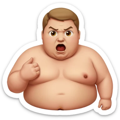 obese man bulging eyes, shouting angrily, 'PRONOUNS' at the top, Apple emoji style sticker